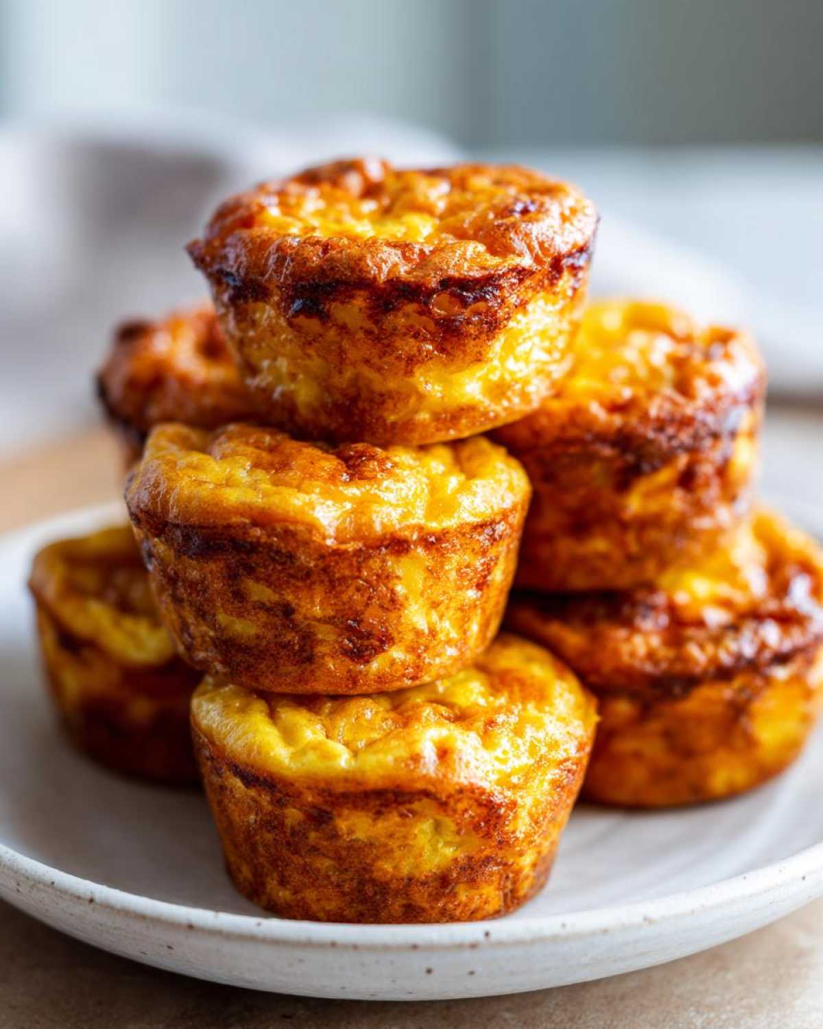 A stack of golden brown, fluffy muffin tin egg bites piled high on a white plate.