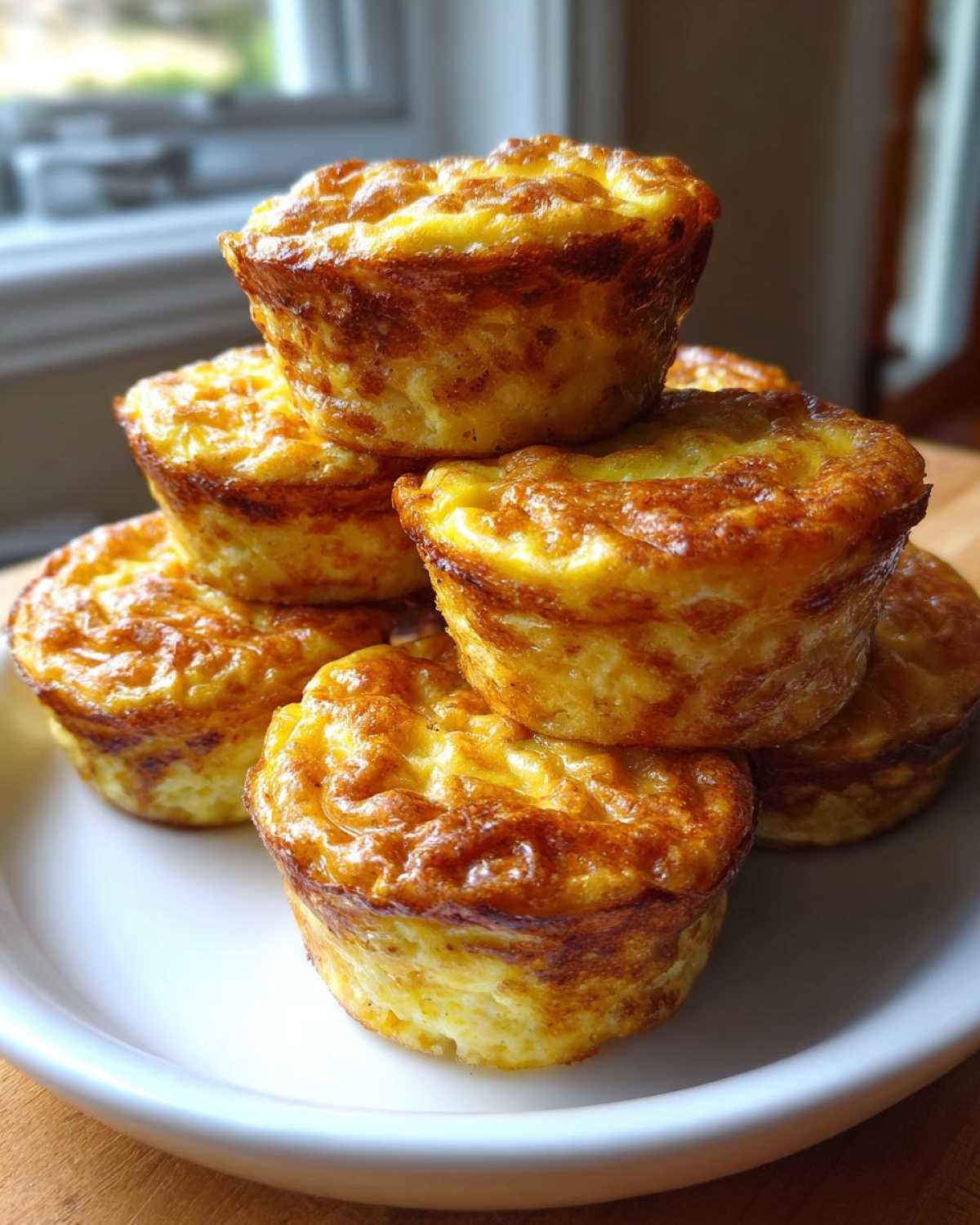 A stack of golden brown, fluffy muffin tin egg bites piled high on a white plate.