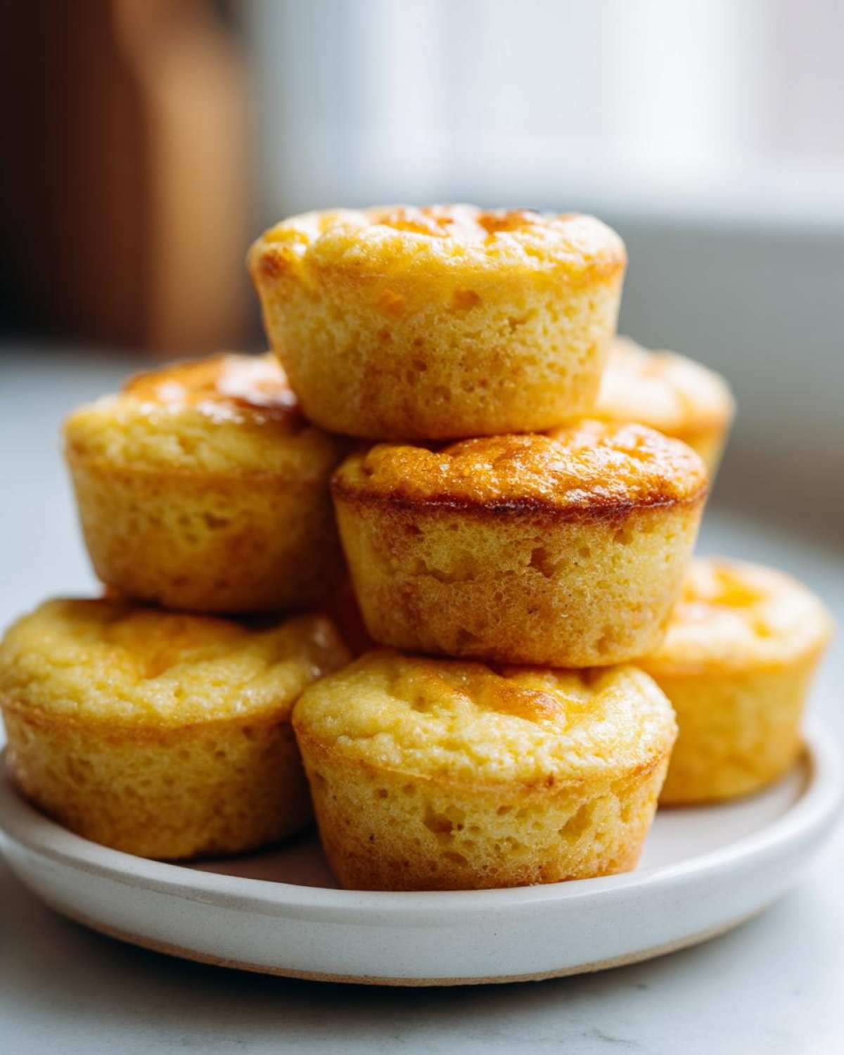 A stack of golden brown, fluffy muffin tin egg bites served on a small white plate.