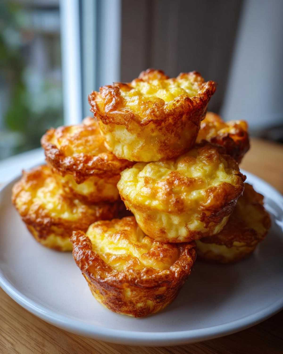 A stack of golden brown, fluffy muffin tin egg bites piled high on a white plate.