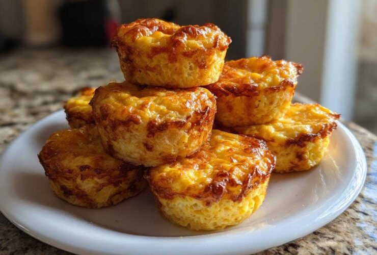 A stack of six fluffy, golden brown muffin tin egg bites resting on a white plate.