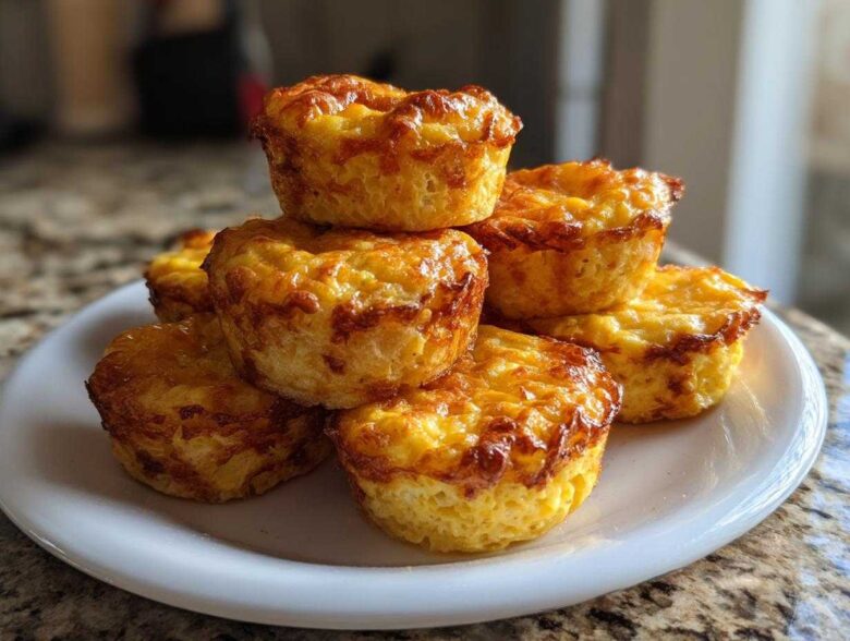 A stack of six fluffy, golden brown muffin tin egg bites resting on a white plate.
