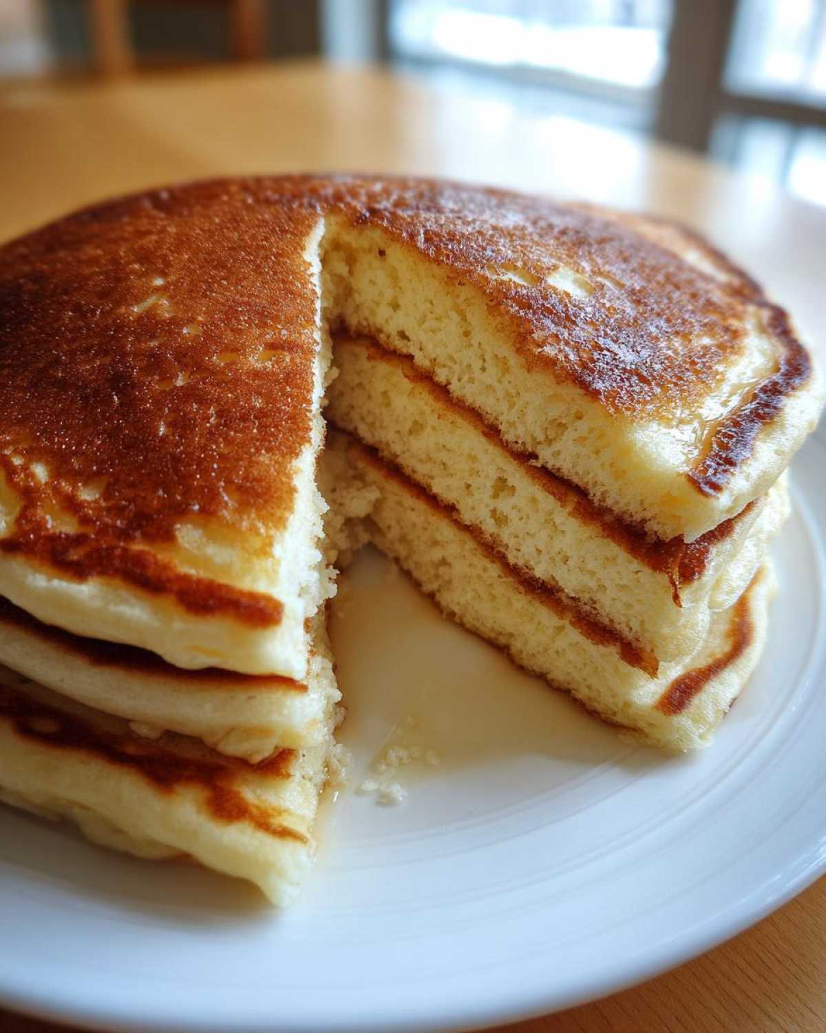 A stack of incredibly fluffy pancakes with a slice cut out, showing the airy interior and golden brown tops, drizzled with syrup.