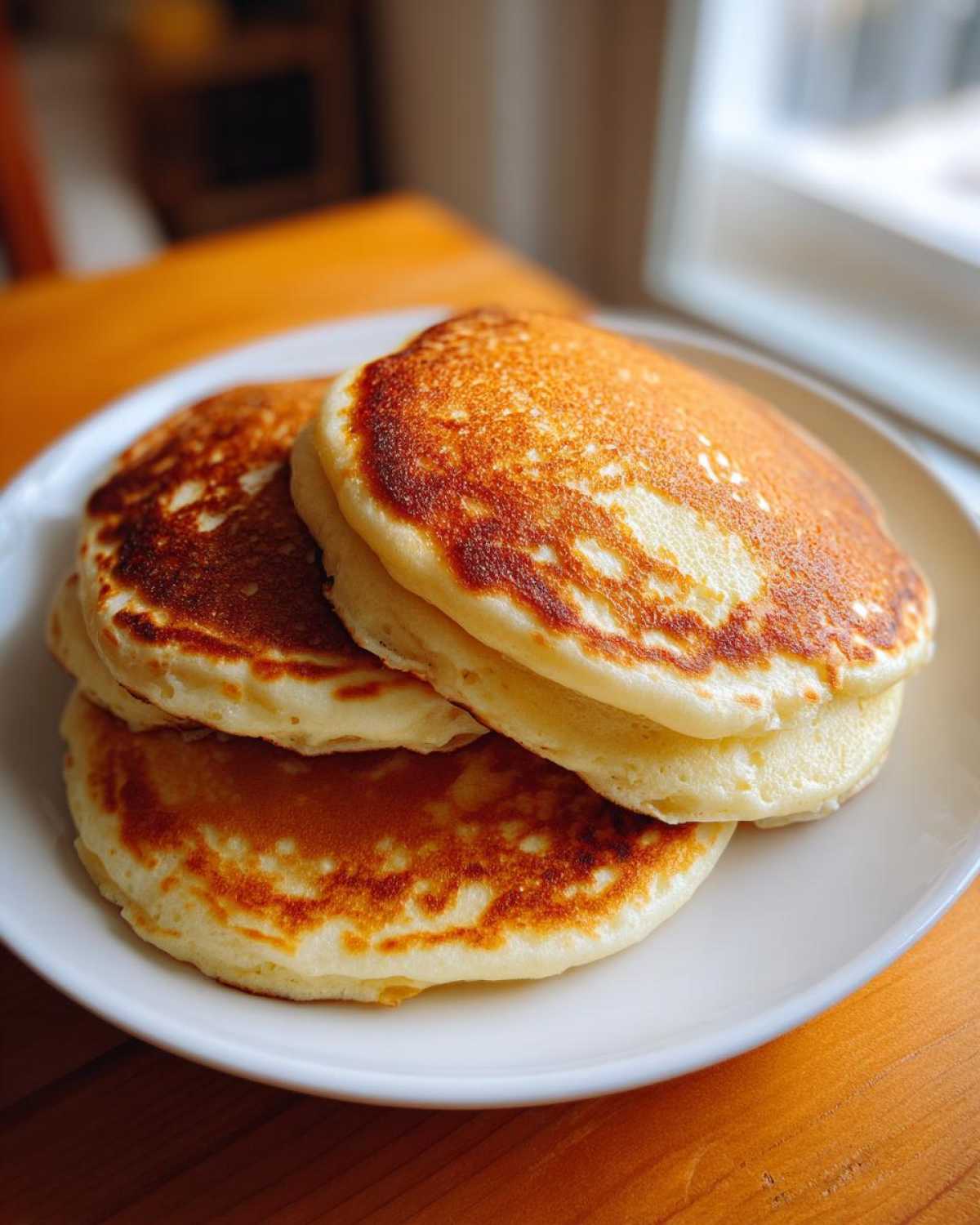 A stack of three thick, fluffy pancakes with perfectly golden-brown tops resting on a white plate.