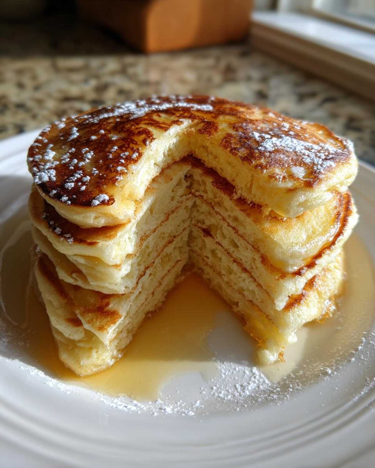 Cross-section view showing the fluffy, layered interior of a stack of sourdough pancakes drizzled with syrup.