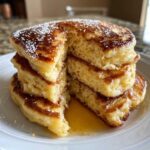A tall stack of fluffy sourdough pancakes, cut open to show the airy interior, drizzled with syrup and dusted with powdered sugar.
