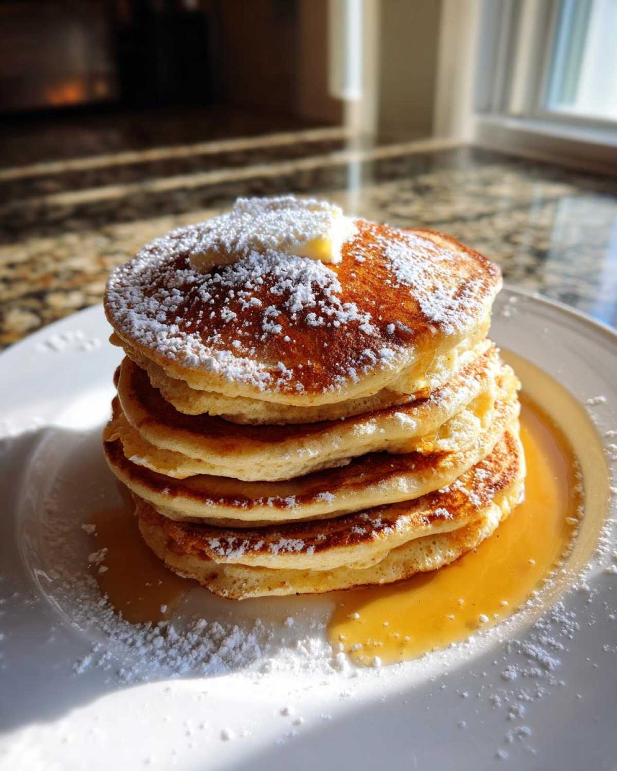 A tall stack of fluffy sourdough pancakes topped with butter and powdered sugar, drizzled with syrup.
