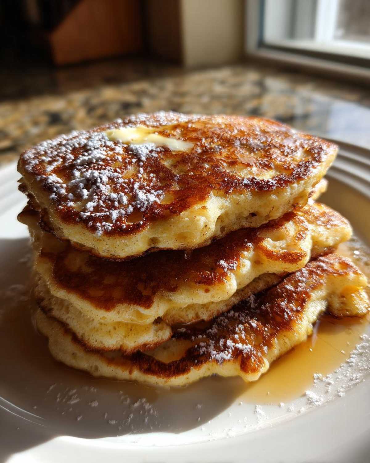 A tall stack of three fluffy sourdough pancakes topped with melting butter, powdered sugar, and syrup.