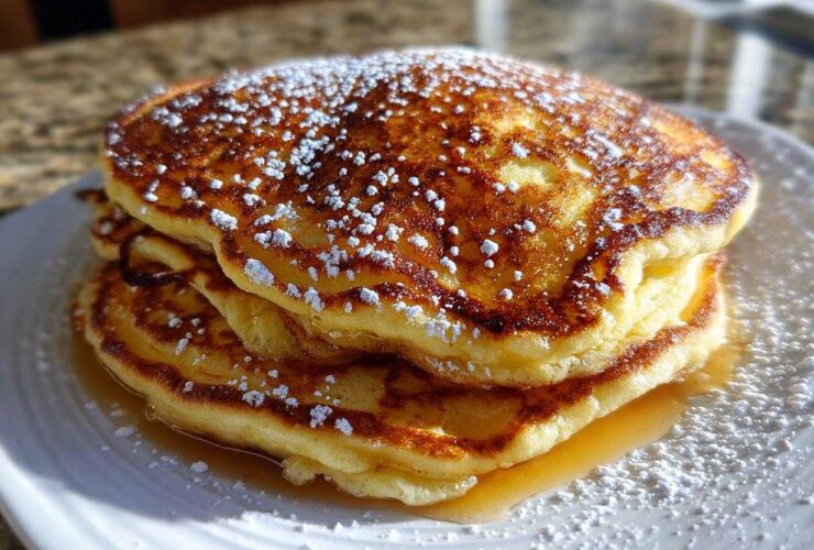 A close-up of a tall stack of fluffy sourdough pancakes drizzled with syrup and dusted with powdered sugar.