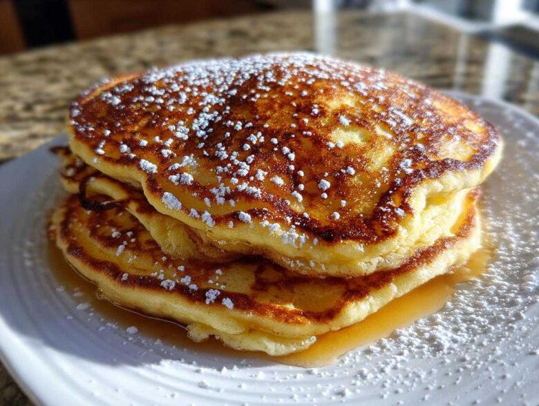 A close-up of a tall stack of fluffy sourdough pancakes drizzled with syrup and dusted with powdered sugar.