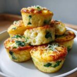 A stack of golden-brown, fluffy spinach and cheese egg bites with a visible airy texture inside one.
