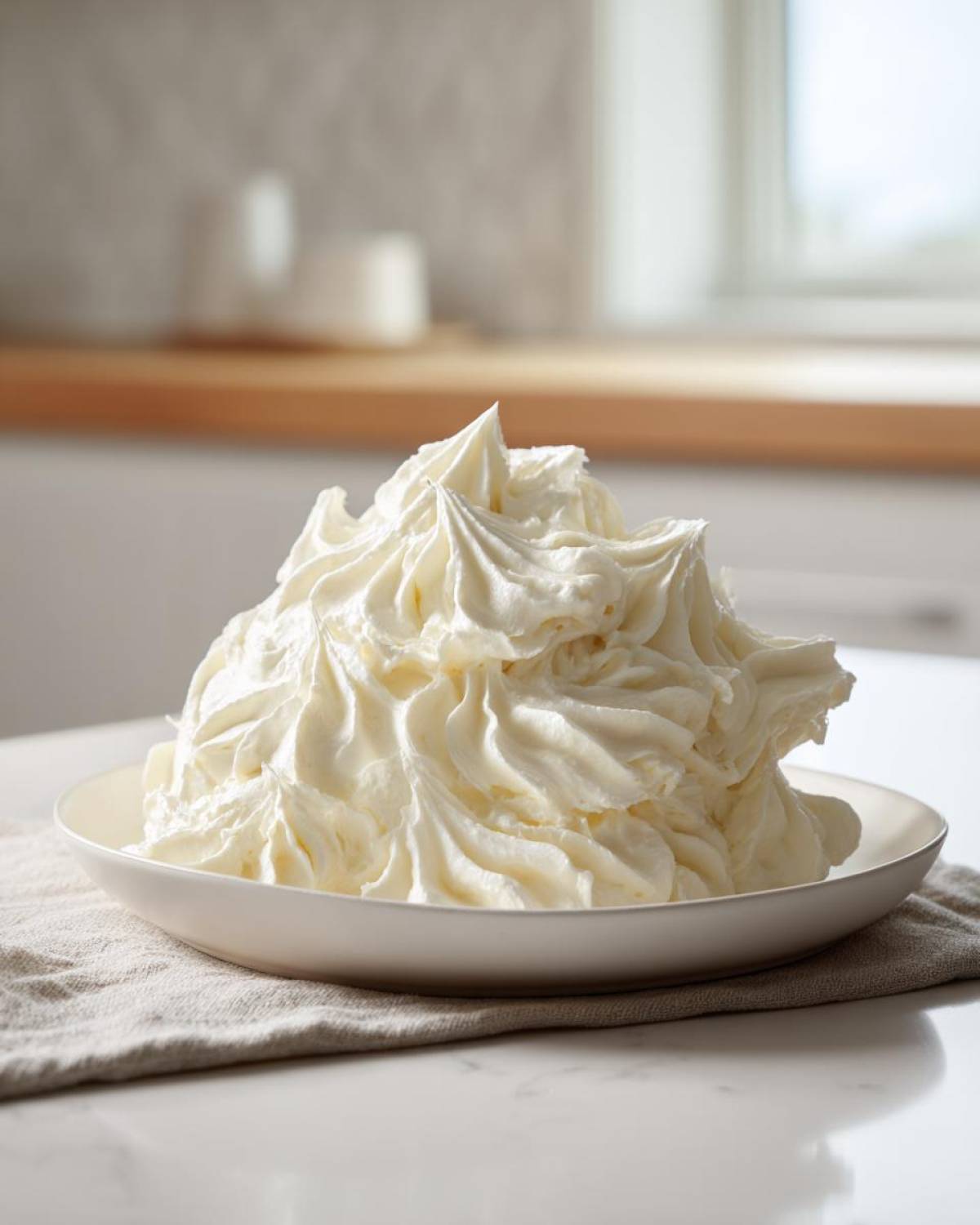 A large, beautifully piped mound of creamy white vanilla buttercream frosting on a white plate.