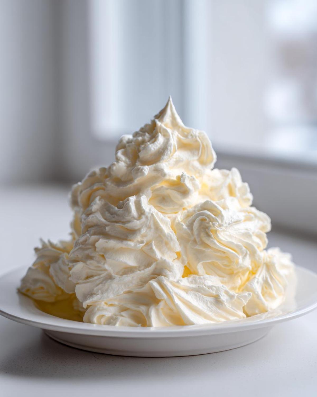 A large, fluffy mound of perfectly piped vanilla buttercream frosting sitting on a white plate.