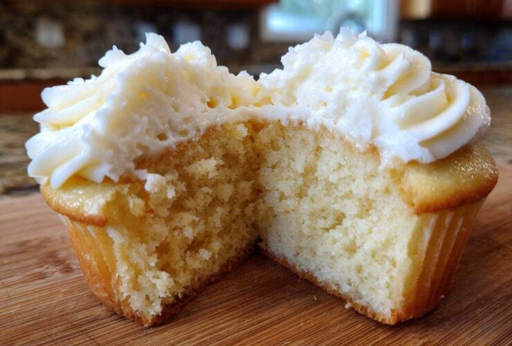 Cross-section of a fluffy vanilla cupcake showing the moist crumb and thick swirl of white frosting.