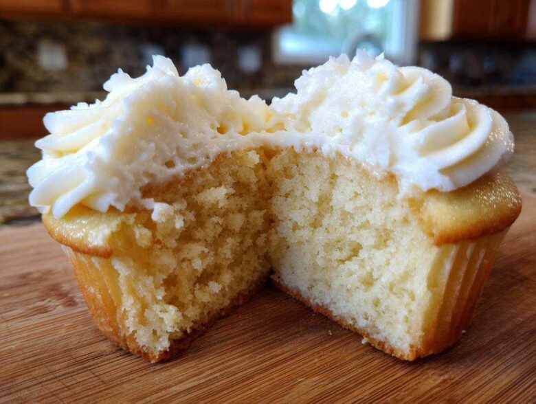 Cross-section of a fluffy vanilla cupcake showing the moist crumb and thick swirl of white frosting.