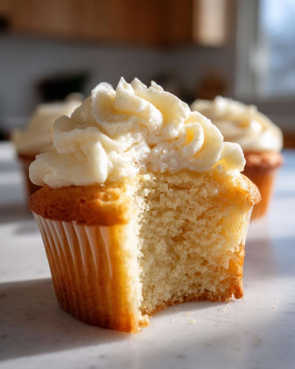 Close-up of a vanilla cupcake cut in half showing the fluffy crumb and rich vanilla frosting.