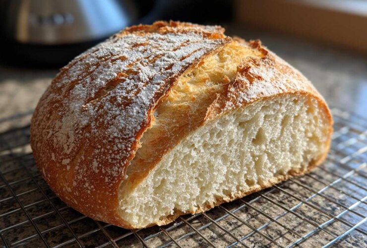 A freshly baked, round loaf of French bread, cut to show the soft interior, resting on a wire cooling rack.