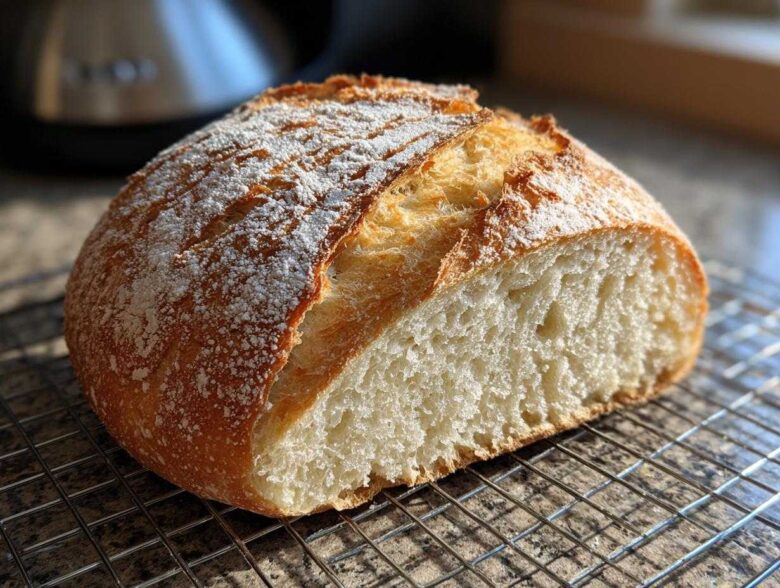 A freshly baked, round loaf of French bread, cut to show the soft interior, resting on a wire cooling rack.