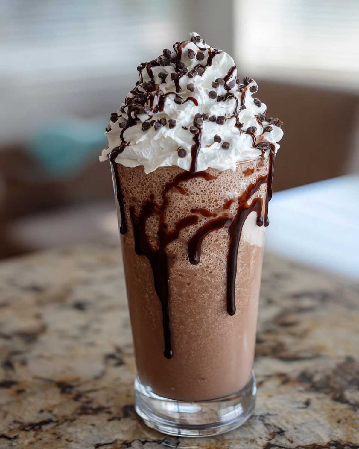 A tall glass of rich frozen hot chocolate topped with whipped cream, chocolate syrup, and mini chips.