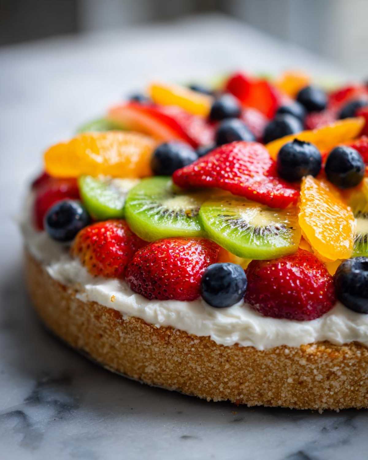 Close-up of a vibrant fruit pizza sugar cookie topped with cream cheese frosting, strawberries, kiwi, blueberries, and orange segments.