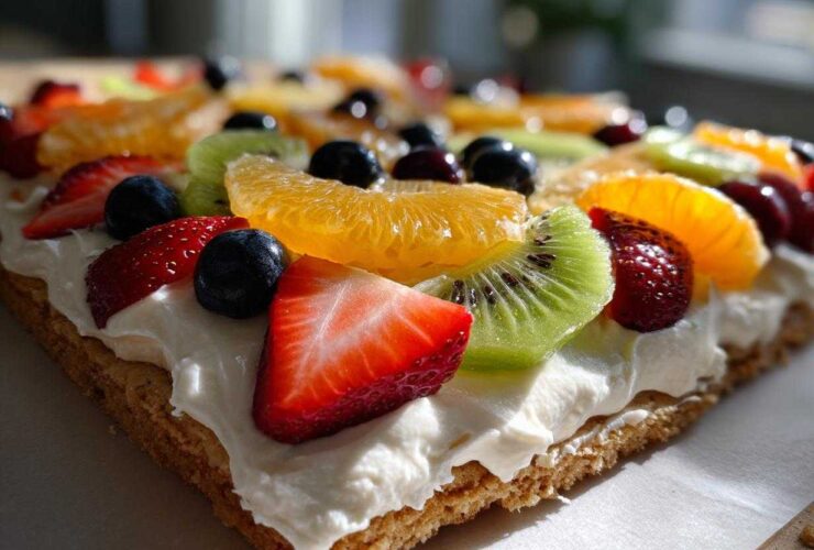 Close-up of a rectangular fruit pizza sugar cookie topped with white frosting, strawberries, kiwi, oranges, and blueberries.