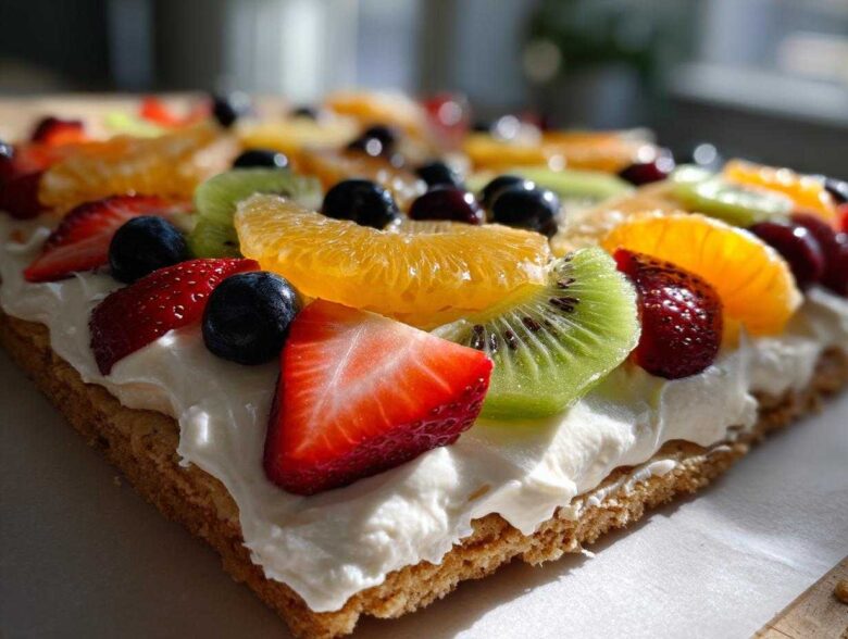 Close-up of a rectangular fruit pizza sugar cookie topped with white frosting, strawberries, kiwi, oranges, and blueberries.