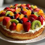 A vibrant fruit pizza sugar cookie topped with fresh strawberries, kiwi slices, blueberries, and orange segments.