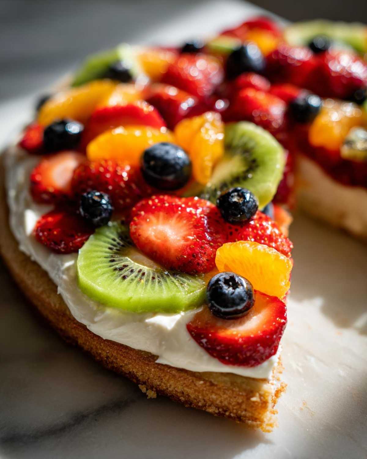 Close-up of a slice of fruit pizza sugar cookie topped with cream cheese frosting, strawberries, kiwi, blueberries, and mandarins.