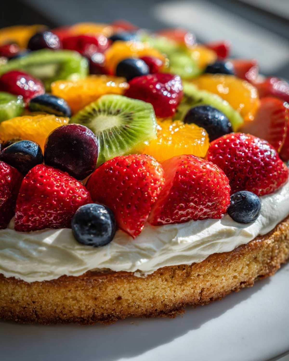 Close-up of a fruit pizza sugar cookie with thick cream cheese frosting topped with strawberries, kiwi, and blueberries.