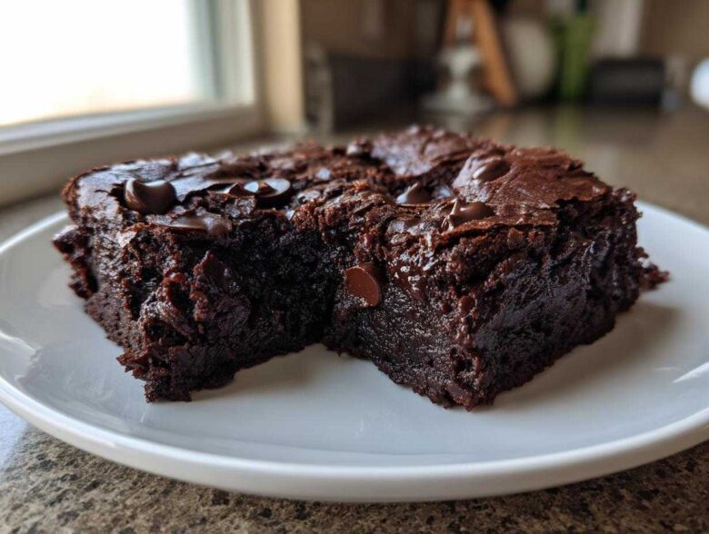 Close-up of two fudgy black bean brownies squares topped with melted chocolate chips on a white plate.