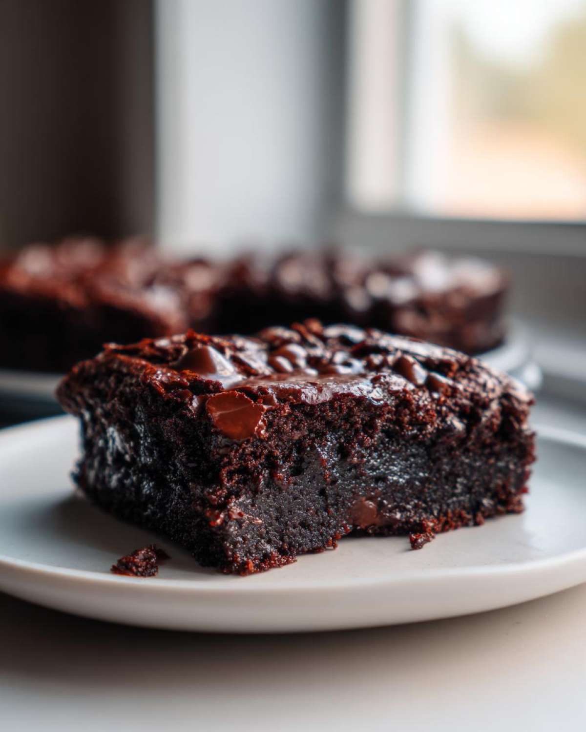 Close-up of a rich, fudgy slice of black bean brownies topped with melted chocolate chips on a white plate.