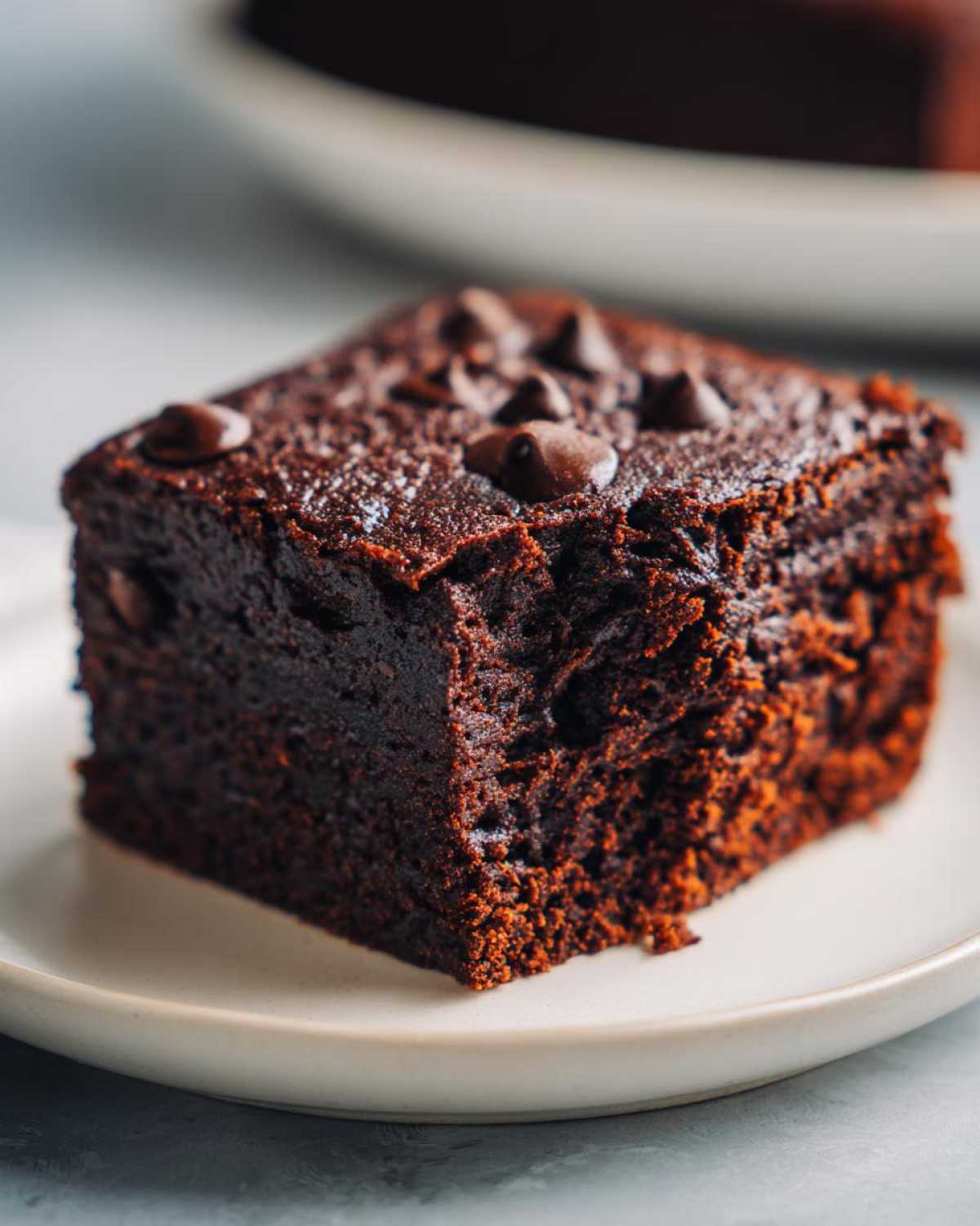 Close-up of a rich, dark, fudgy slice of sweet potato brownies topped with chocolate chips.