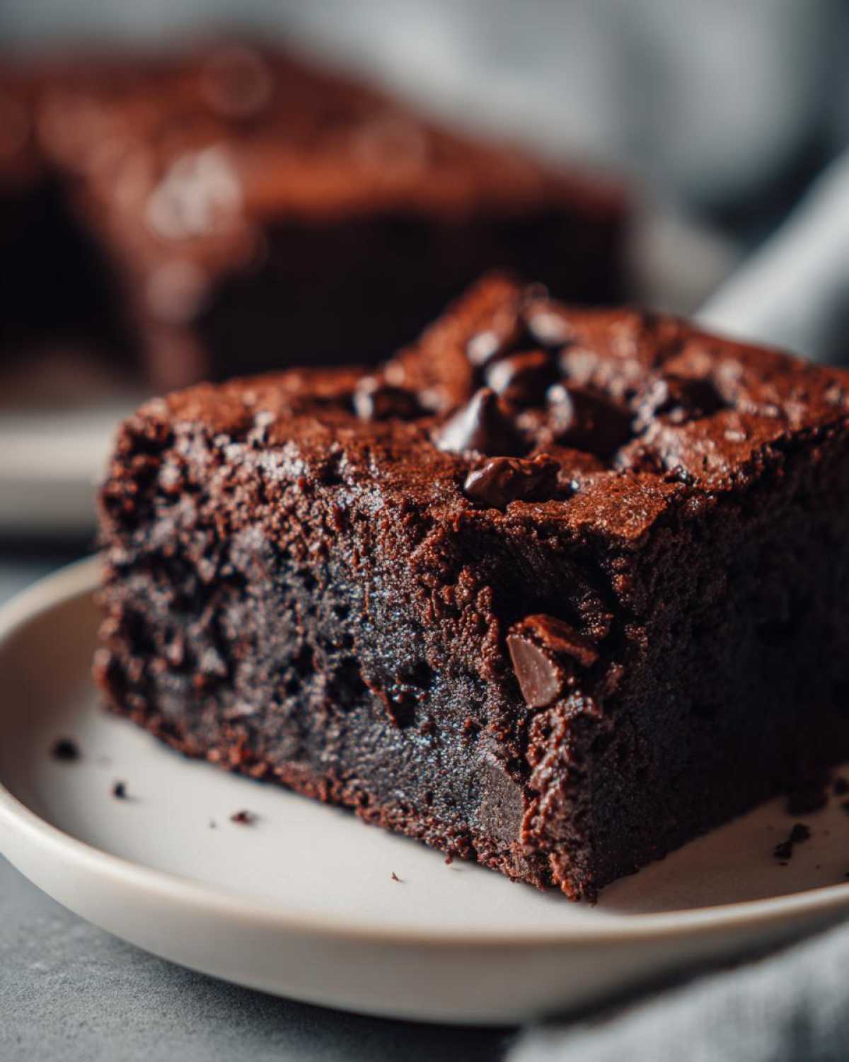 Close-up of a rich, dark, fudgy slice of sweet potato brownies topped with chocolate chips.