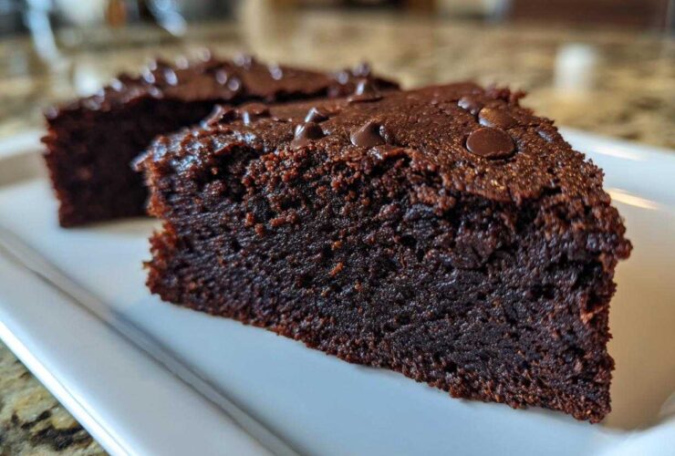 Close-up of a rich, dark slice of fudgy sweet potato brownies topped with chocolate chips.