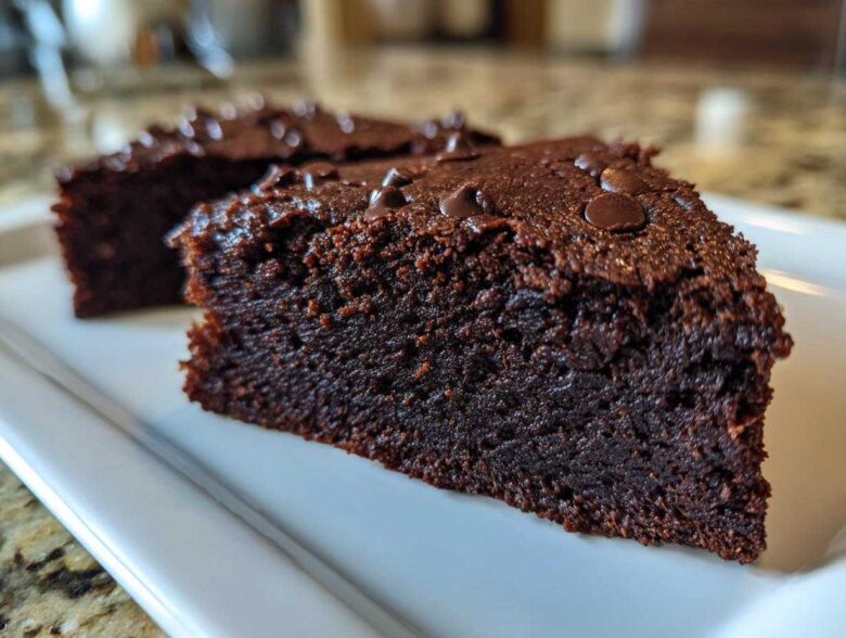 Close-up of a rich, dark slice of fudgy sweet potato brownies topped with chocolate chips.