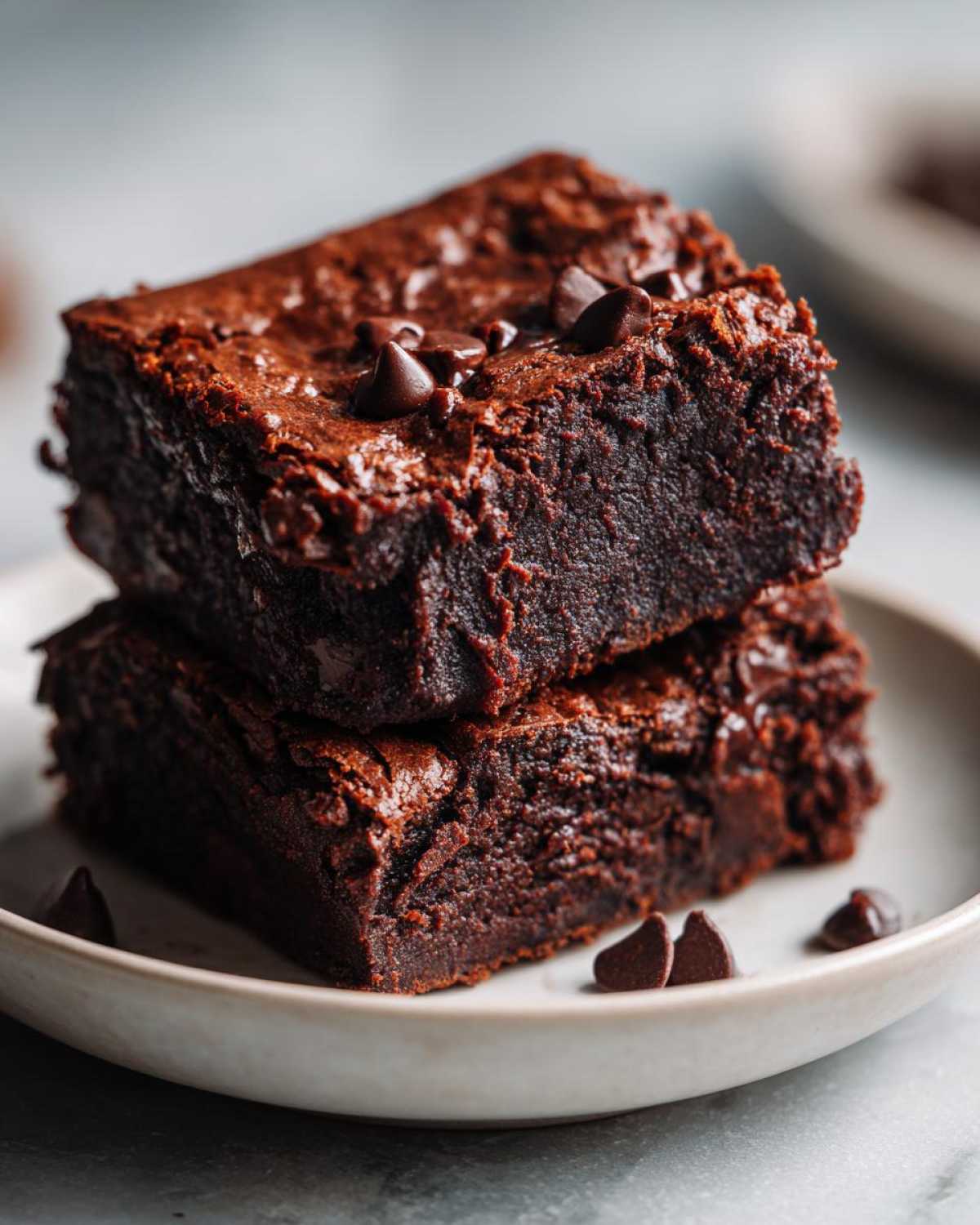 Two stacked, rich, fudgy sweet potato brownies topped with chocolate chips on a small plate.
