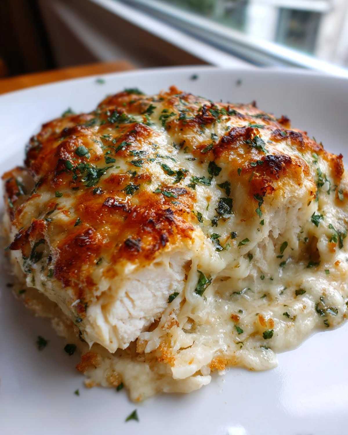 A serving of Garlic parmesan chicken bake showing moist white chicken breast covered in melted, browned cheese and fresh parsley.