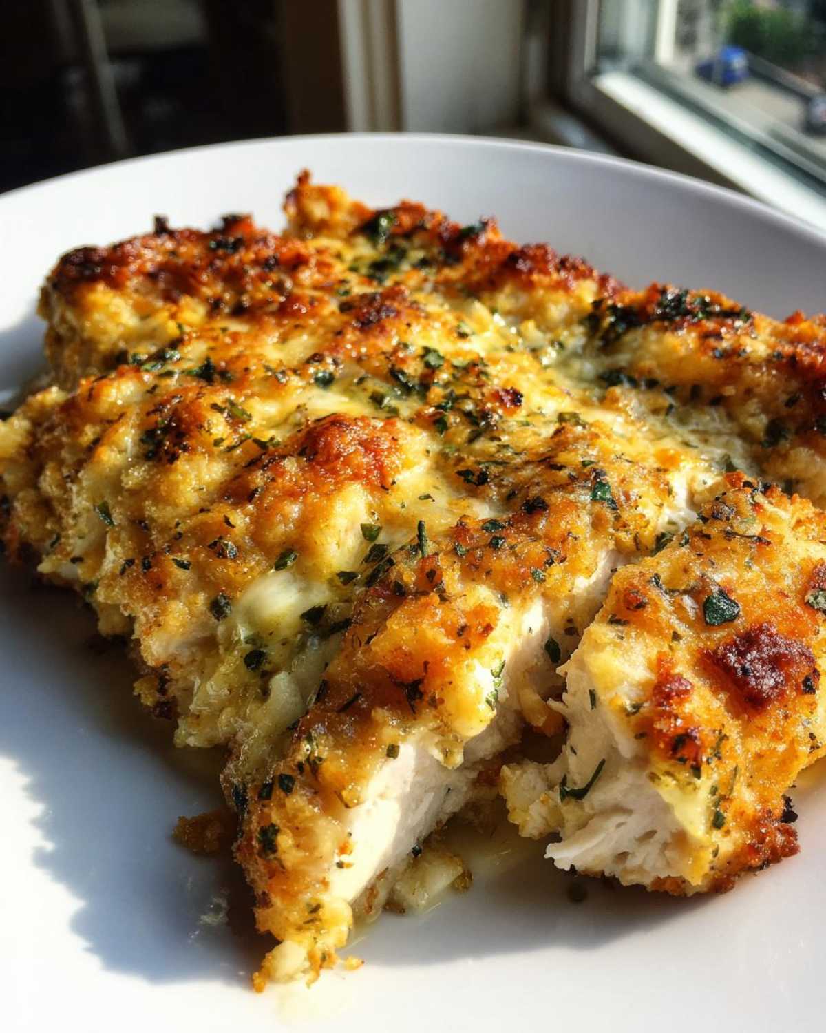 Close-up of a juicy Garlic parmesan chicken bake, showing the crispy topping and tender white meat inside.