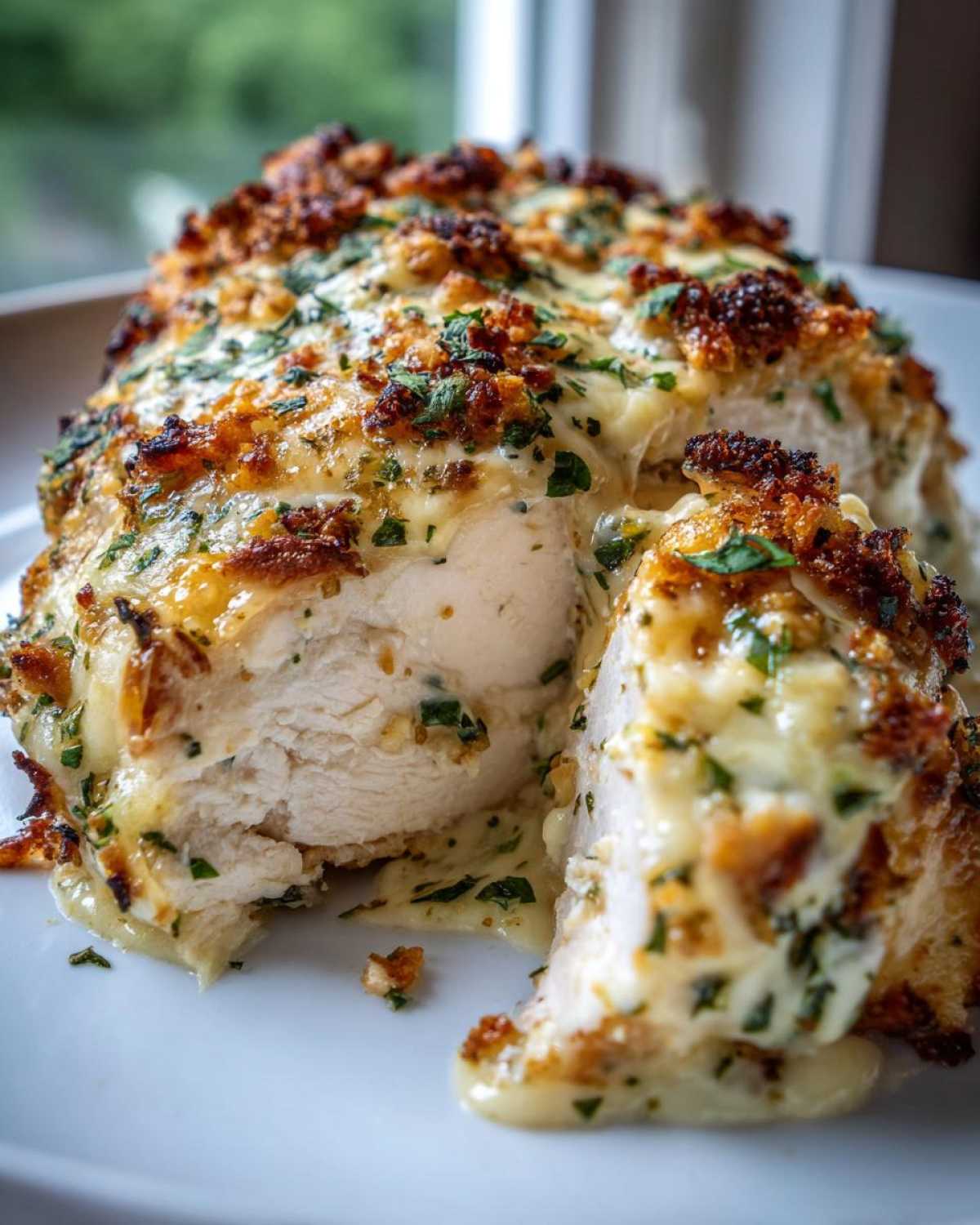 Cross-section of juicy Garlic parmesan chicken bake showing white meat covered in melted cheese sauce and crispy topping.