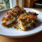 Close-up of Garlic parmesan chicken bake, showing juicy white chicken breast topped with a crispy, golden parmesan crust.
