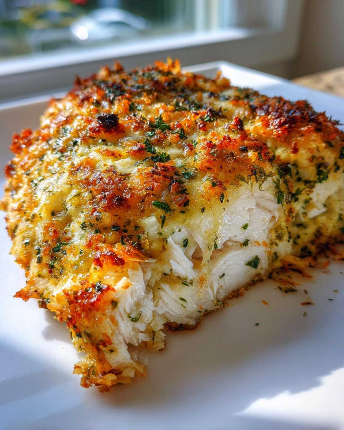 Close-up of flaky, baked chicken breast with a golden, crispy garlic parmesan crust and herbs.