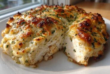 A thick slice of juicy Garlic parmesan chicken bake showing moist white chicken topped with a bubbly, golden-brown cheese crust and parsley.