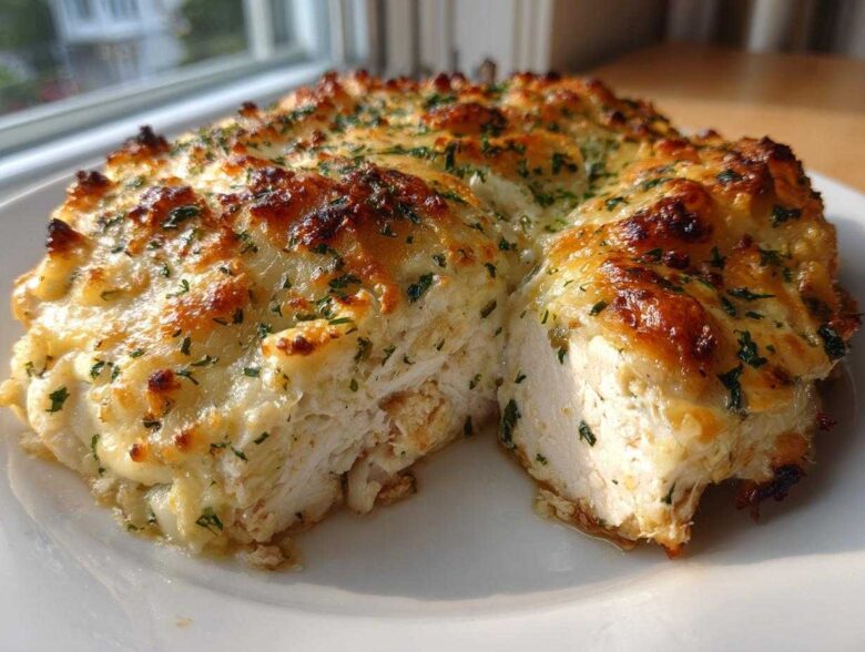 A thick slice of juicy Garlic parmesan chicken bake showing moist white chicken topped with a bubbly, golden-brown cheese crust and parsley.