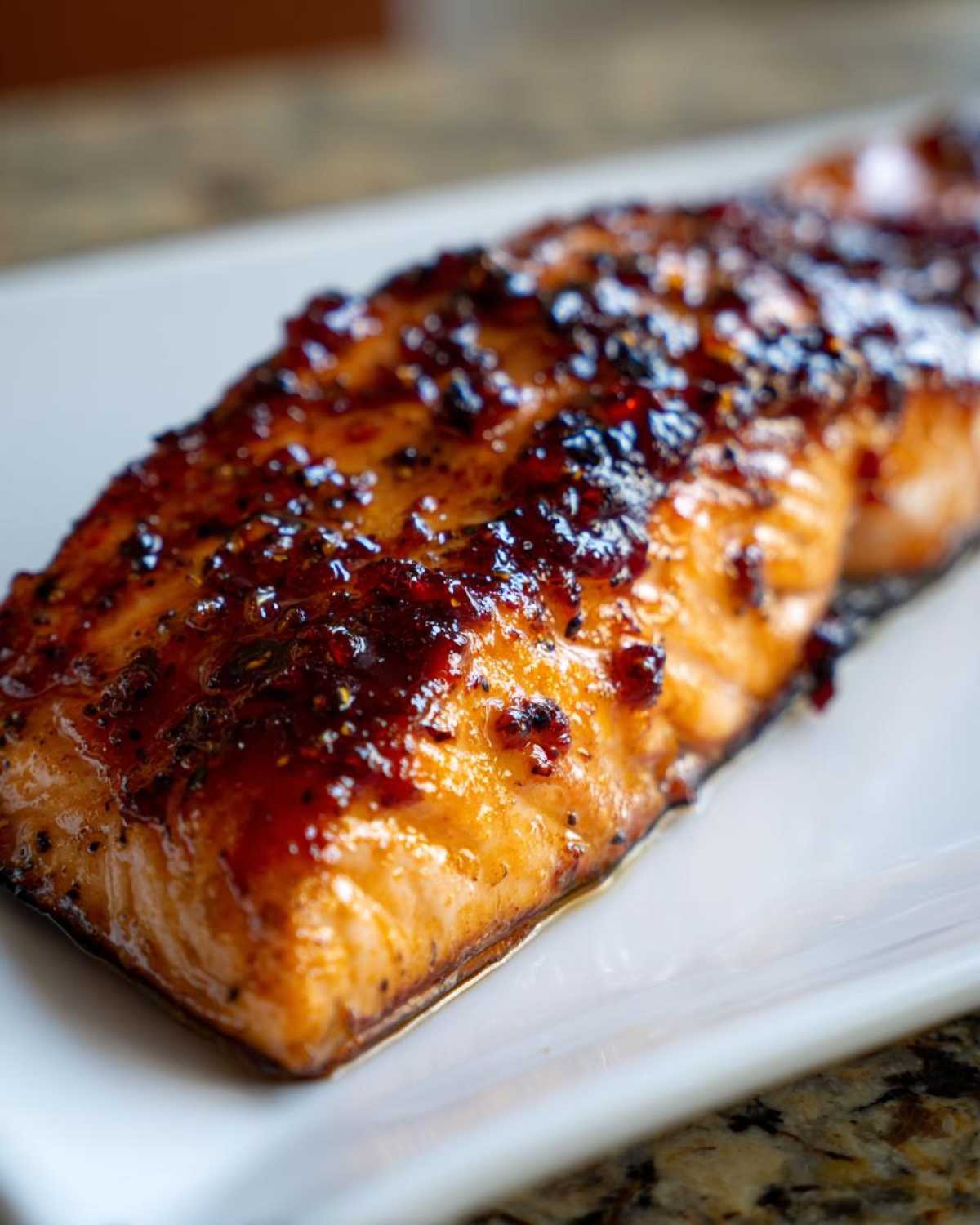 Close-up of a perfectly baked salmon fillet with a thick, dark, caramelized glaze on top.