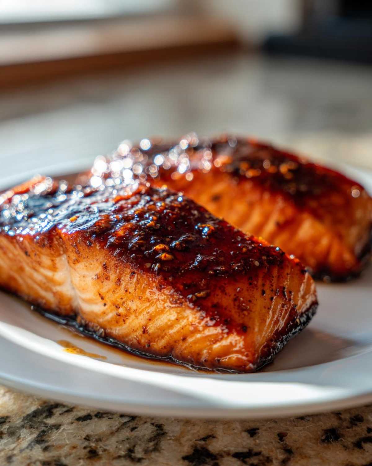 Two perfectly cooked, glazed baked salmon fillets resting on a white plate.