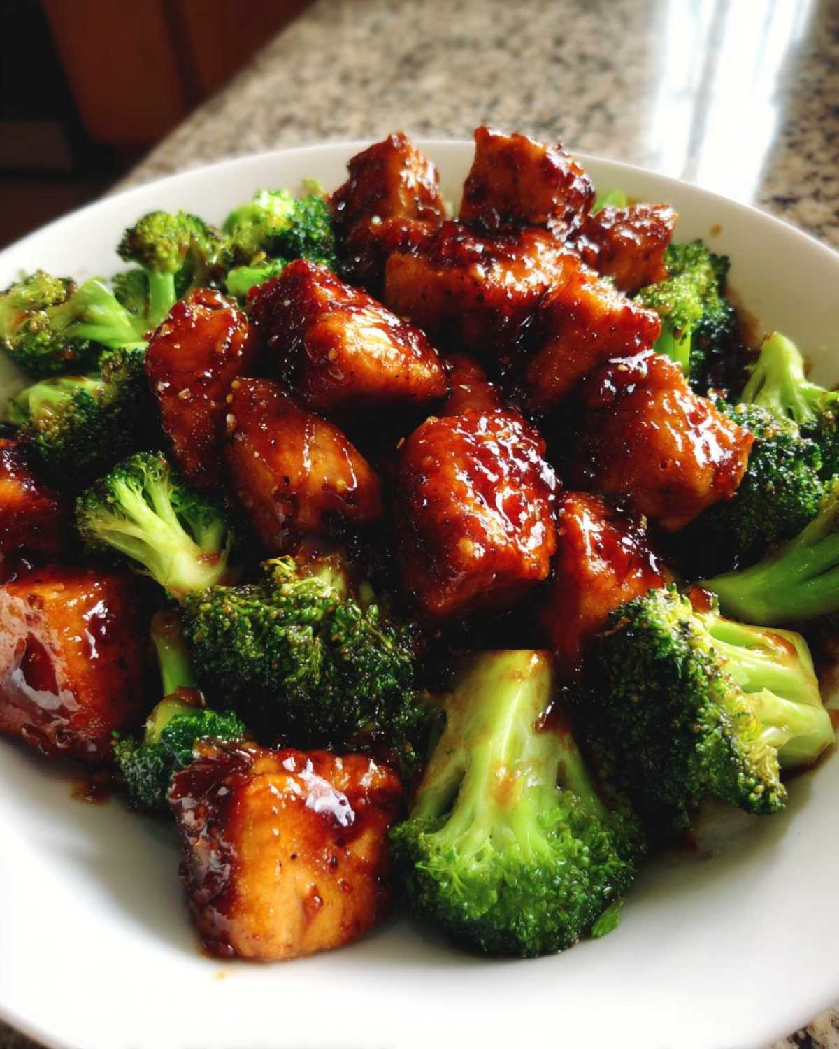 Close-up of glazed chicken pieces mixed with bright green steamed broccoli, a perfect chicken and broccoli dinner.