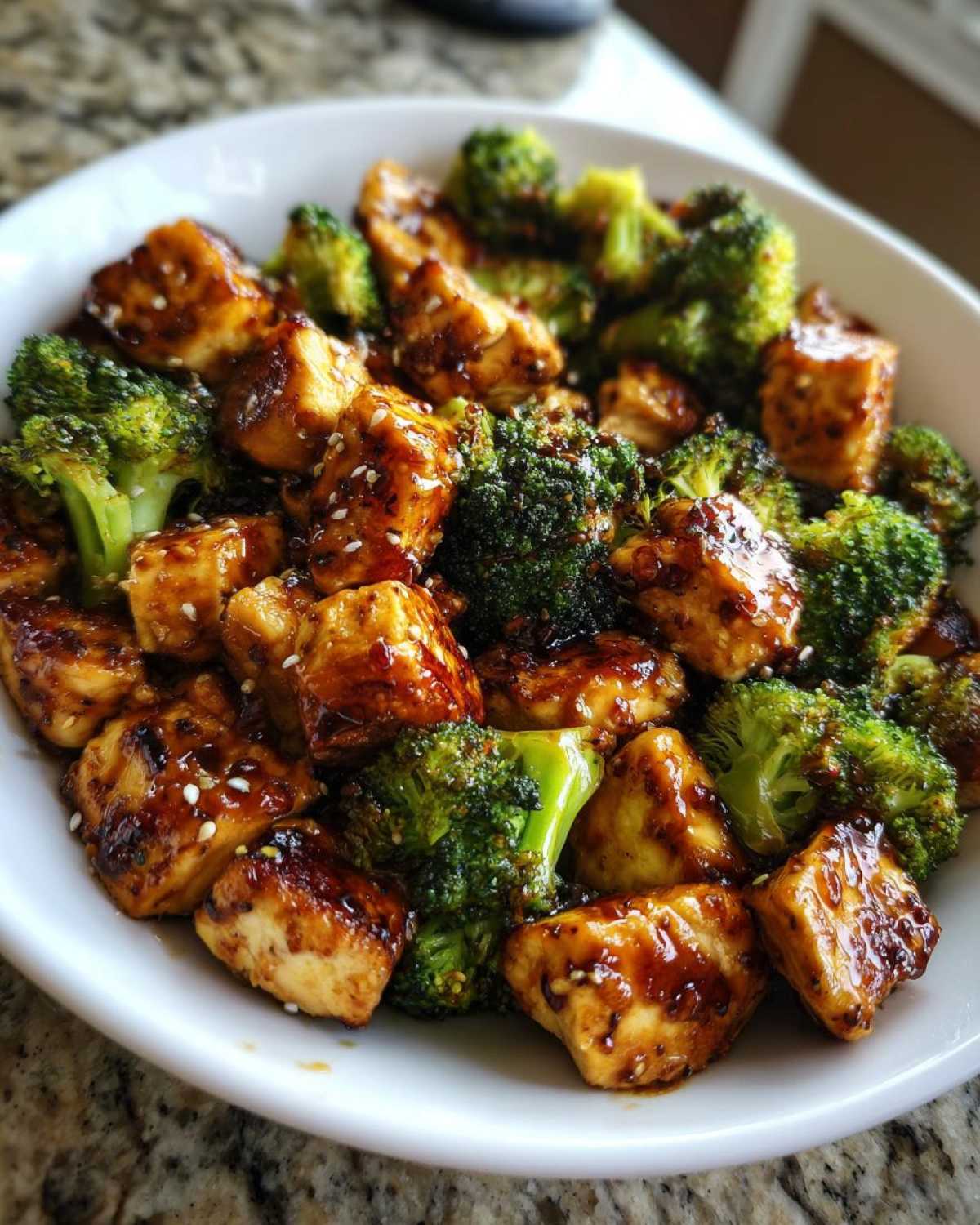 Close-up of bite-sized chicken and bright green broccoli florets coated in a glossy brown sauce, part of a chicken and broccoli dinner.