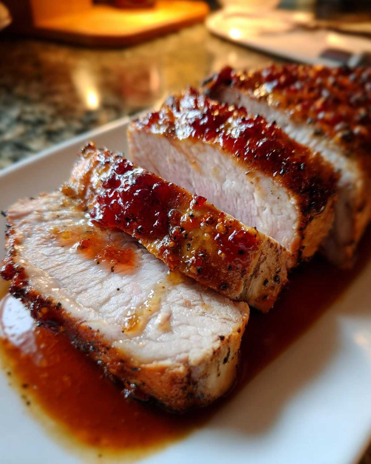 Close-up of sliced pork loin roast with a shiny, dark glaze resting in pan juices on a white platter.