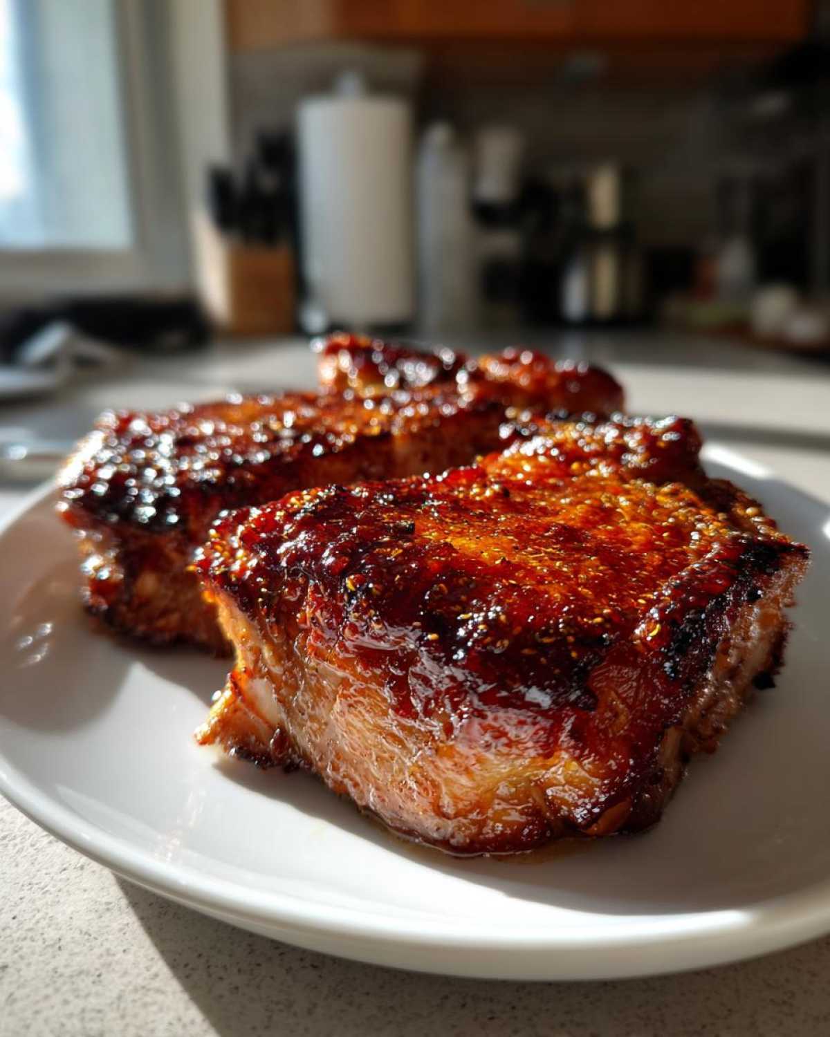 Close-up of two beautifully glazed, juicy pork steak recipe cuts resting on a white plate.
