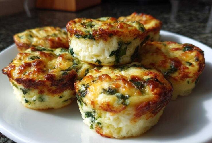 A stack of five golden brown, baked egg bites mixed with spinach, served on a white plate.
